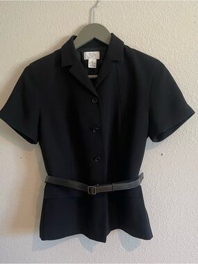 LOFT Black Short-Sleeve Four-Button Jacket with Belt